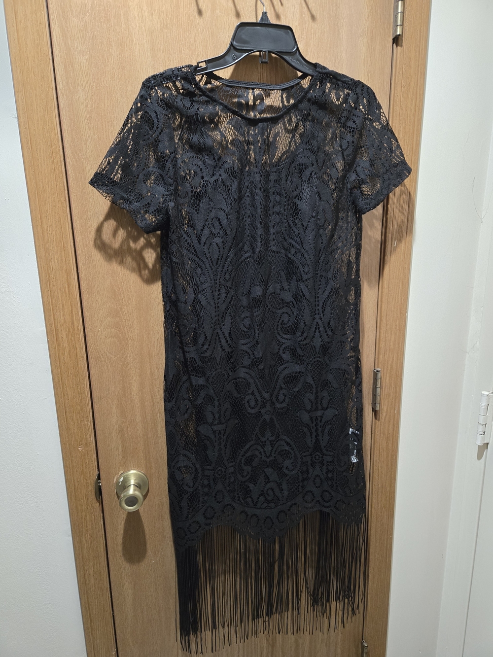 SHEIN Black Lace Fringe Long Sleeve Dress